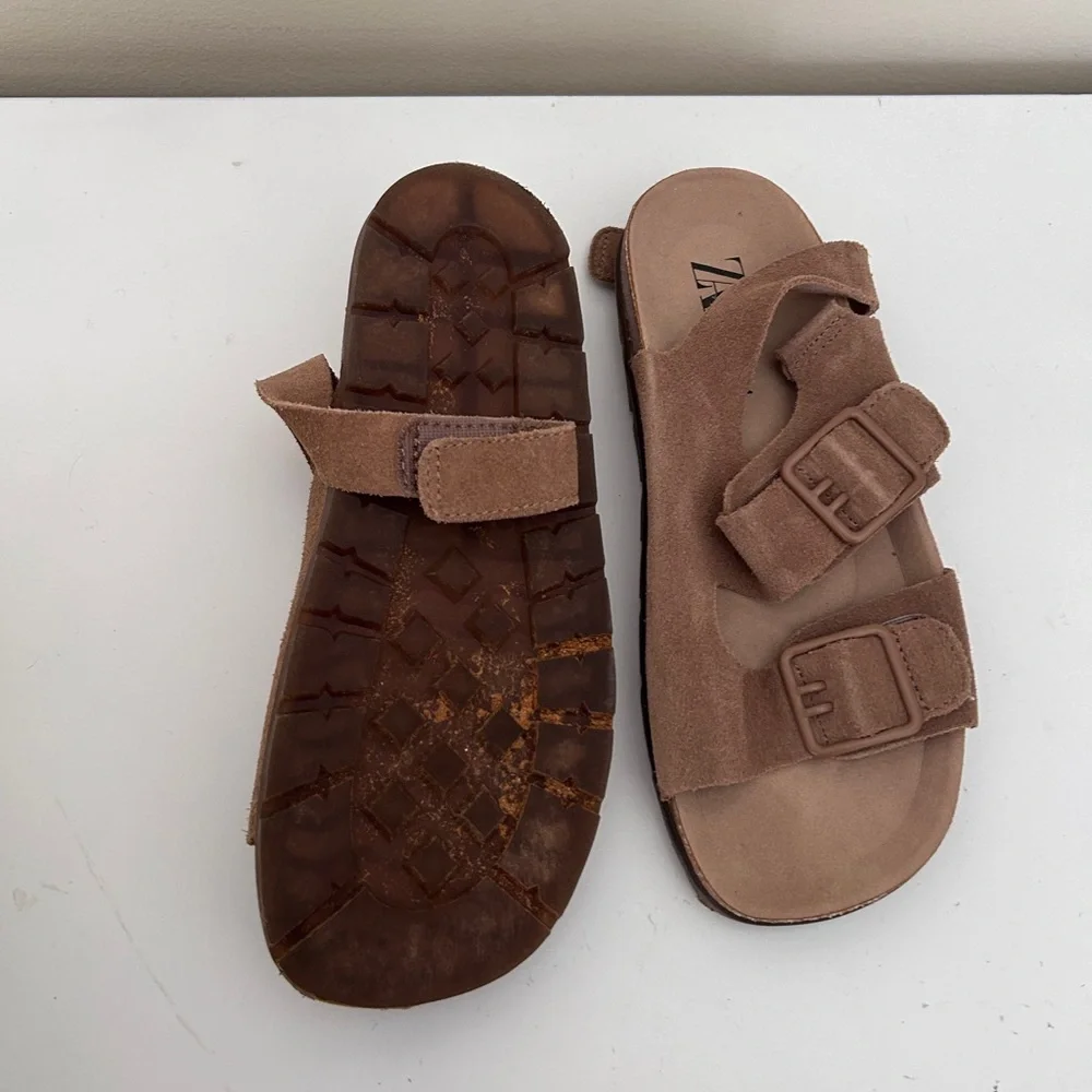 Zara Kids Tan Suede Double-Buckle Slide Sandals